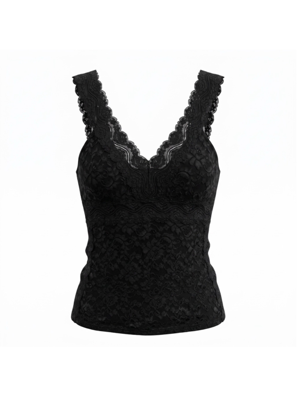 Moda International Tank Top Black Floral Lace Overlay Scallop V Neck Women Small